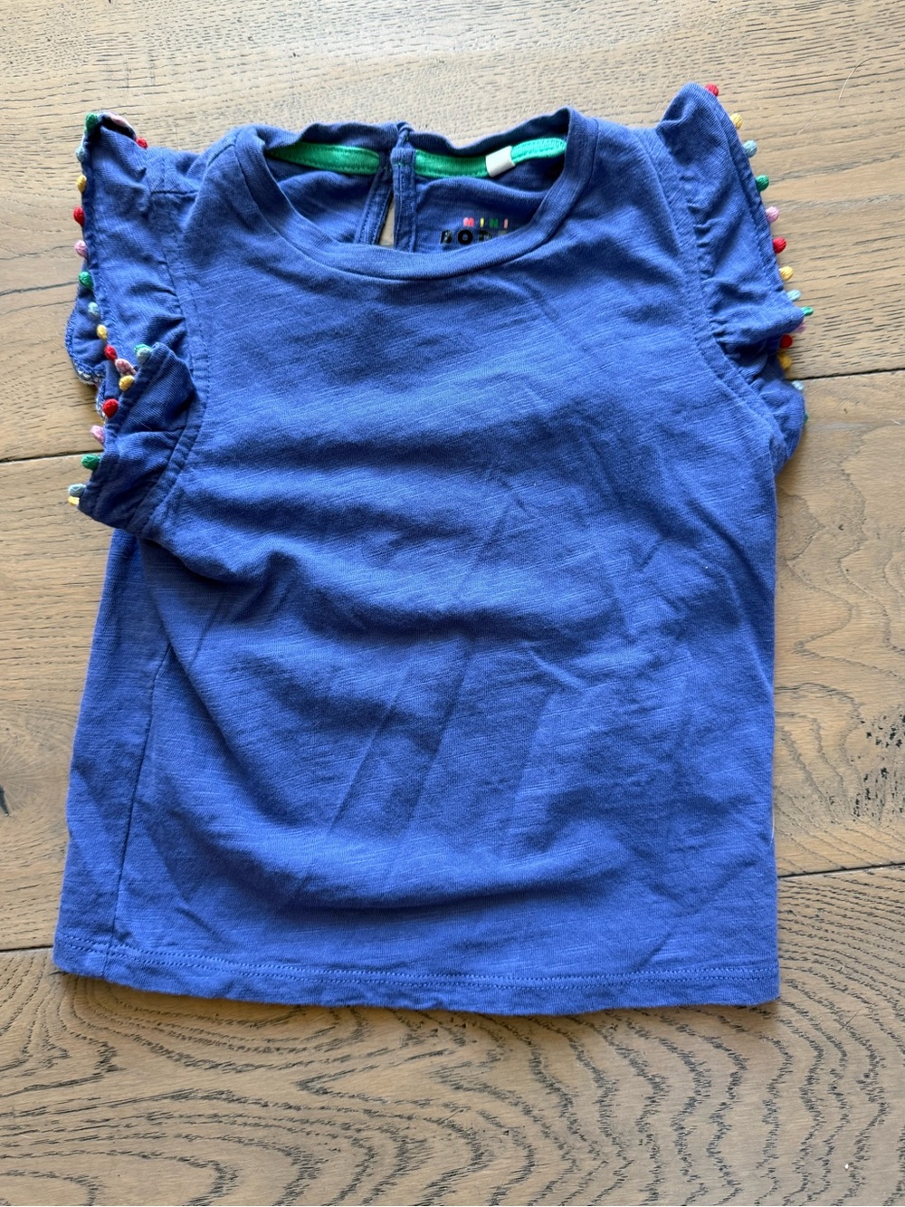 Mini Boden Pom Pom Ruffle Sleeve Top Blue 2-3Y